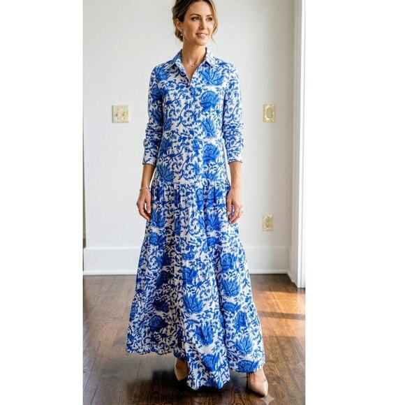 guadalupe Dresses & Skirts - Guadalupe White and Blue Flower Dress Pre-loved Size Small Made in India